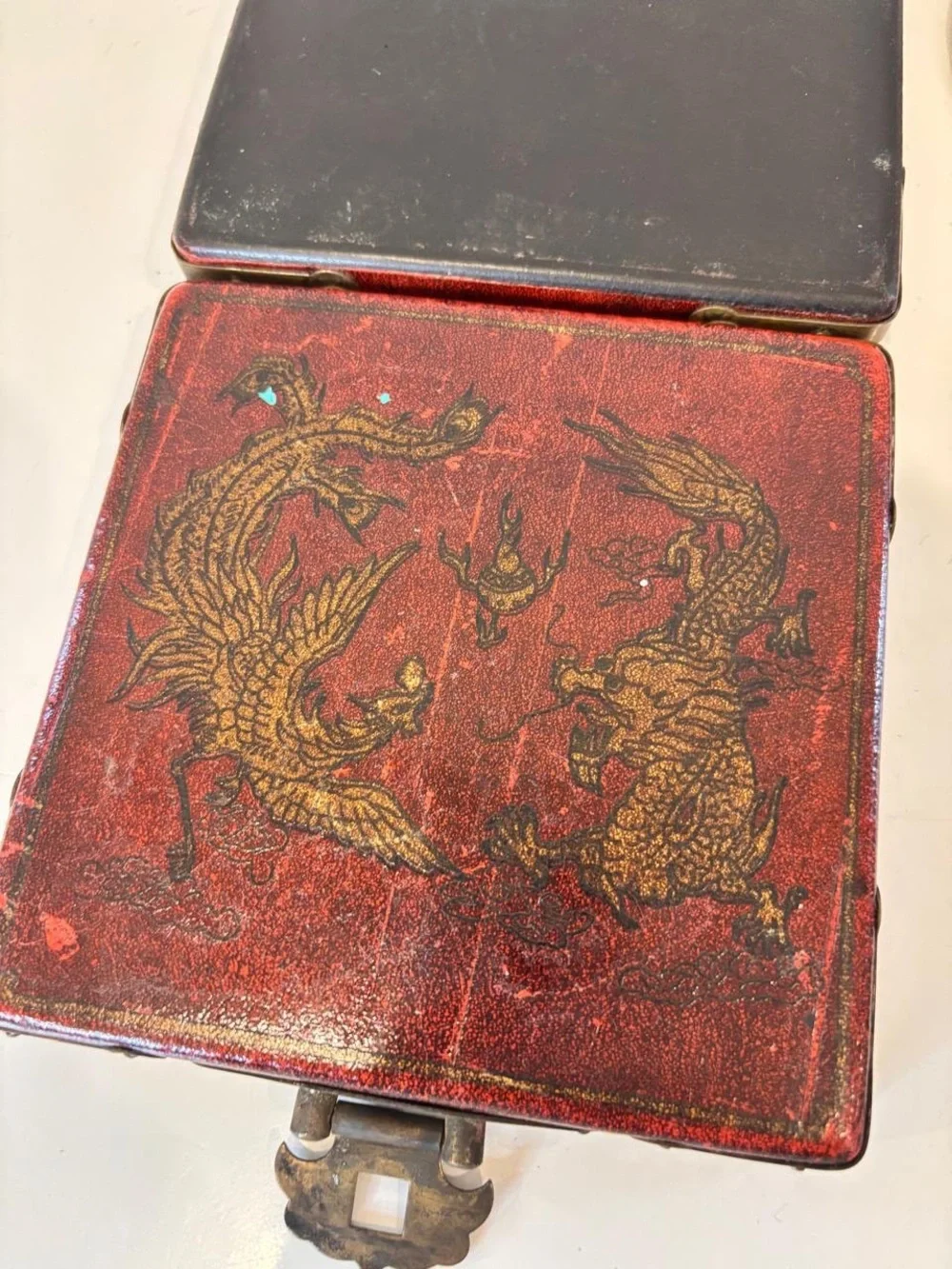 Vintage Chinese Red Lacquered Wood Coaster Set 8 Pcs Dragon Phoenix Case